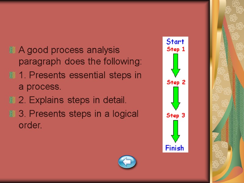 A good process analysis paragraph does the following: 1. Presents essential steps in a